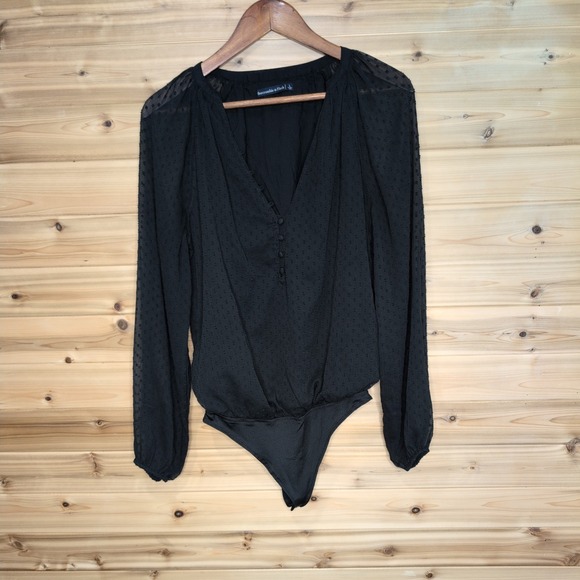 Abercrombie & Fitch Tops - Abercrombie & Fitch Black Clip Dot Long Sleeve V-Neck Bodysuit Large